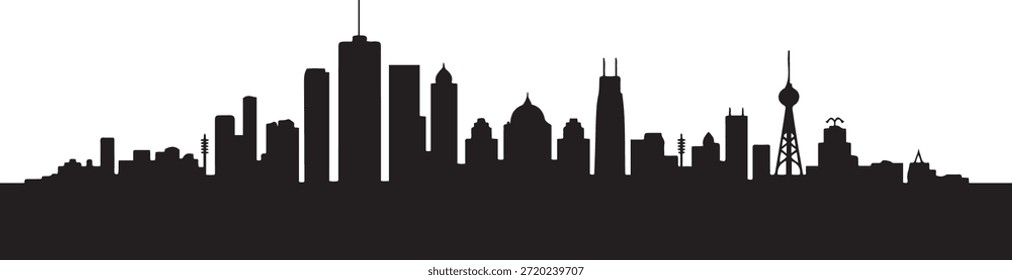 Póster panorámico del horizonte de la ciudad. Silueta negra del Vector del diseño
