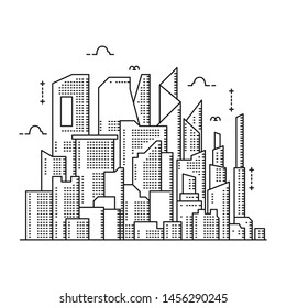 
Panoramic city thin line style. Illustration of urban landscape roads, skyline city office buildings, with a backdrop of light. Outline of cityscape. Wide horizontal panoramas. Vector illustration