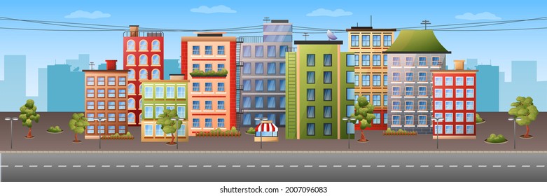 Panoramic cityscape. City landscape. Townhouse. Vector illustration