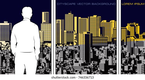 Panoramic cityscape illustration. Wide composition with man silhouette figure in front of.