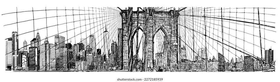 Panoramic cityscape of New York city Manhattan from Brooklyn bridge - vector illustration (Ideal for printing, poster or wallpaper, house decoration) 

