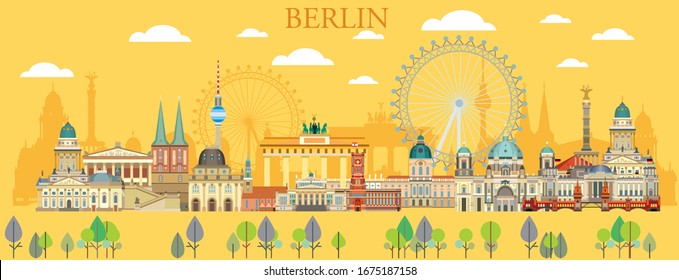 Panoramic colorful Berlin travel illustration with architectural landmarks in yellow background. Front view Berlin traveling concept.Horizontal flat illustration of Berlin cityscape.Stock illustration