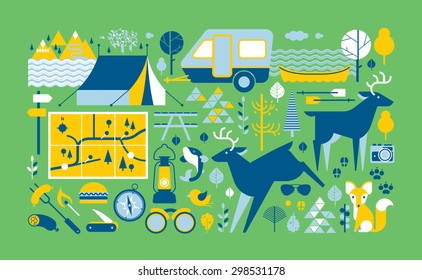 Panoramic composition with camping and outdoor activities symbols.