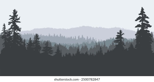 Panoramic coniferous woodland silhouette background