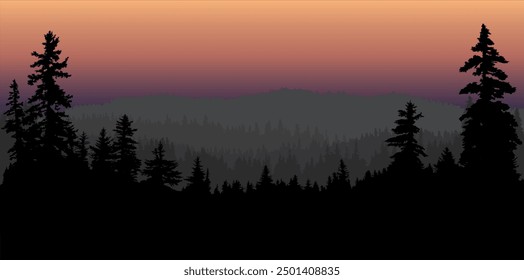 Panoramic coniferous woodland silhouette background