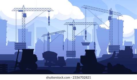 Panoramic construction with machinery. Earth moving equipment, dump truck crane loader, mining vehicle flat style. Vector isolated illustration. Industrial machinery for building, house development