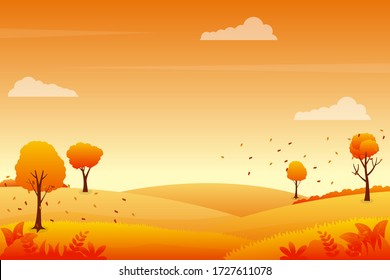 Panoramic countryside in autumn season vector illustration with some trees and orange meadow. Fall landscape background