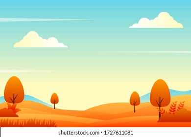 Panoramic countryside in autumn season vector illustration with some trees and orange meadow. Fall landscape background