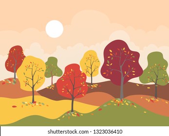 Panoramic of Countryside landscape in autumn with colour trend 2019, Vector illustration horizontal banner of panorama mountains field and autumn forst with leaves falling on the ground