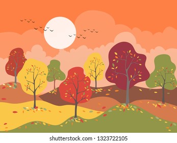 Panoramic of Countryside landscape in autumn with colour trend 2019, Vector illustration horizontal banner of panorama mountains field and autumn forst with leaves falling on the ground
