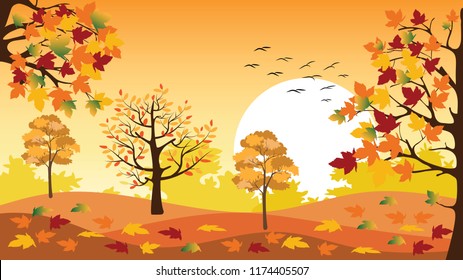 Panoramic of Countryside landscape in autumn with fallen leaves on the grass, Vector illustration of horizontal banner of autumn landscape mountains and maple trees with yellow foliage in fall season.