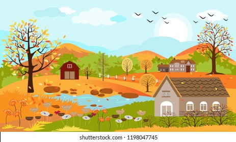 Panoramic of Countryside landscape in autumn with fallen leaves on the grass, Vector illustration of horizontal banner of autumn landscape mountains and maple trees with yellow foliage in fall season.