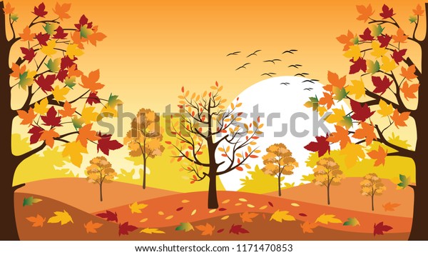 秋は田園風景のパノラマ 草に落葉 秋は秋山水の横断幕 楓の葉のベクターイラスト のベクター画像素材 ロイヤリティフリー
