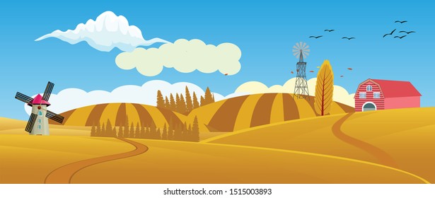Panoramic of Countryside landscape in autumn, illustration of horizontal banner in autumn green and yellow hills, farm house, leaves falling from trees.