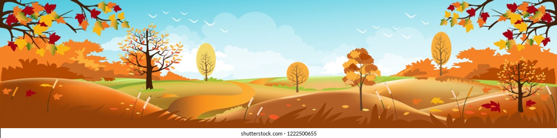 Panoramic of Countryside landscape in autumn, Vector illustration of horizontal banner of autumn landscape mountains and maple trees fallen with yellow foliage,Panorama autumn with blue sky and cloud 