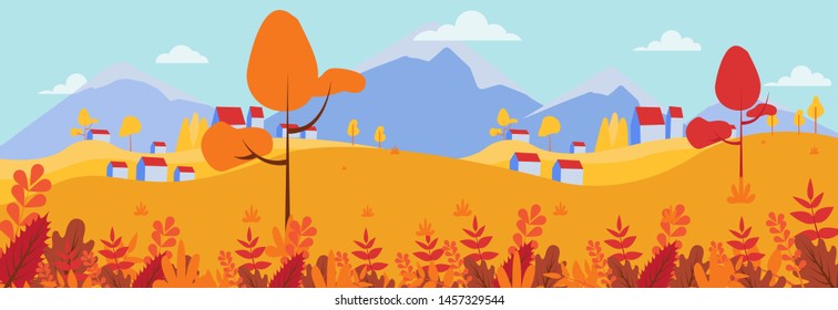 Panoramic of Countryside landscape in autumn, Vector illustration of horizontal banner of autumn landscape mountains and trees with yellow foliage.