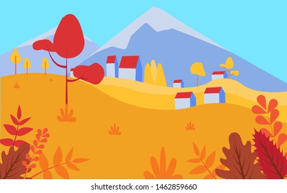 Panoramic of Countryside landscape in autumn, Vector illustration of horizontal banner of autumn landscape mountains and trees with yellow foliage.