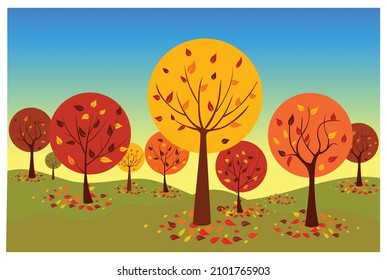 Panoramic of Countryside landscape in autumn, Vector illustration of autumn landscape mountains and maple trees fallen with yellow foliage