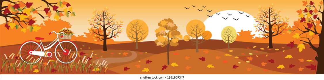 Panoramic of Countryside landscape in autumn,Vector illustration of horizontal banner of autumn landscape mountains,maple trees with leaves falling and bicycle in yellow foliage,Fall season background