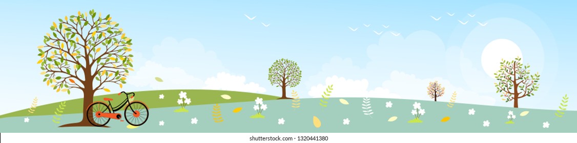 Panoramic of Countryside landscape in spring or Summer, Vector illustration of horizontal banner of Spring landscape with mountains and trees with leaves falling on grass with green pastel foliage.