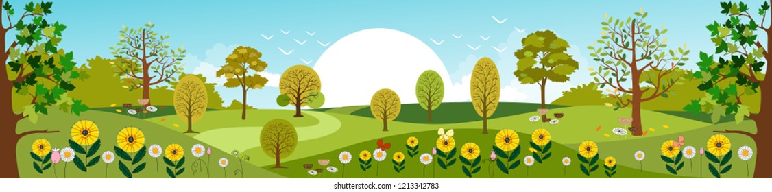 Panoramic of Countryside landscape in Spring, Vector illustration of horizontal banner of Summer landscape mountains with green field and summer flowers
