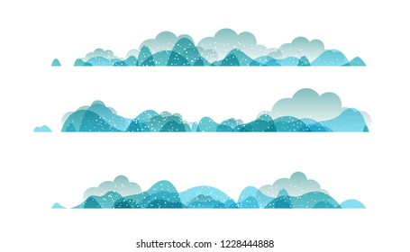 Panoramic of countryside landscapes collection, Horizontal borders of winter landscape with clouds, mountains, hills and snow.