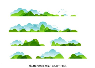 Panoramic of countryside landscapes collection, Horizontal borders of summer or spring landscape with clouds, mountains, hills and flying birds.