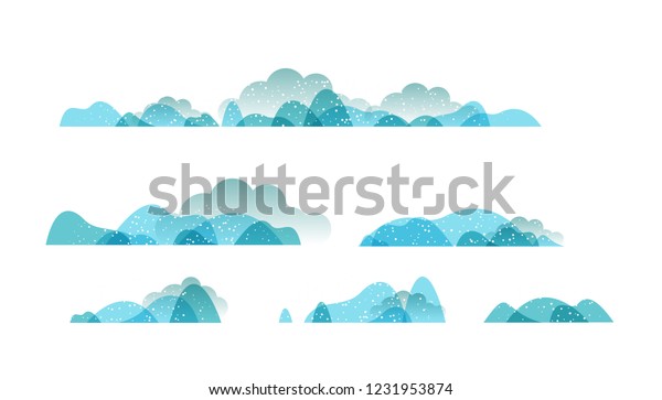 Panoramic of countryside landscapes collection,\
Horizontal borders of winter landscape with clouds, mountains,\
hills and snow.