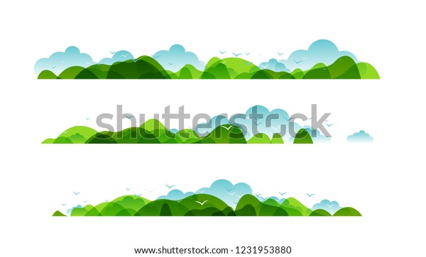 Panoramic of countryside landscapes collection,\
Horizontal borders of summer or spring landscape with clouds,\
mountains, hills and flying\
birds.