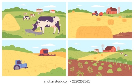Panoramic countryside. Rural landscape panorama of summer farmland fields, tractor hay field, village cow at barn, beauty scenery ranch cabbage harvest vector illustration of panorama countryside