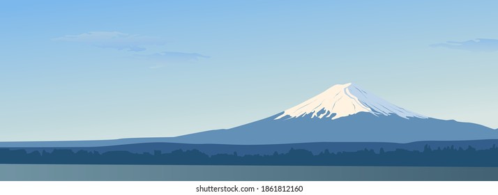 Panoramic day view of mount Fuji. Landscape with a mountain peak in Japan. The hour of the sun's Zenith. Famous landmark Wallpapers. Banner design with a natural landscape. The sky sun, water.