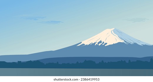 Panoramic day view of mount Fuji. Landscape with a mountain peak in Japan. The hour of the sun's Zenith. Famous landmark Wallpapers. Banner design with a natural landscape. The sky sun, water.