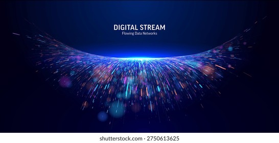 Panoramic digital stream. Abstract multi-color particle wave. Futuristic network connection for big data, AI, high-speed information, global communication and innovation. Light flow background concept