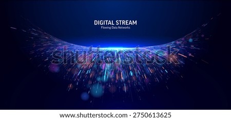 Panoramic digital stream. Abstract multi-color particle wave. Futuristic network connection for big data, AI, high-speed information, global communication and innovation. Light flow background concept