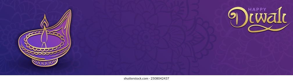 Panoramic Dipavali banner or header with hand drawn golden linear Diya (oil lamp) on a purple gradient background with Mandala Rangoli decoration, empty space and lettering - Diwali Festival of Lights