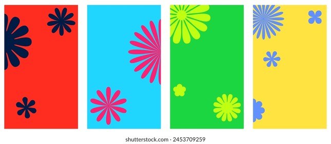 A panoramic display of four panels, each with a distinct vibrant color and unique floral design, exuding a cheerful and modern art vibe.