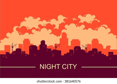 panoramic evening city, sunset silhouette buildings, vector illustration