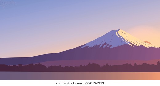 Panoramic evening view of mount Fuji. Landscape with a mountain peak in Japan. Famous landmark Wallpaper. Banner design with a natural landscape. Greeting card template. Sky, sun, water surface.