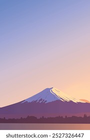 Panoramablick auf den Fuji. Landschaft mit einem Berggipfel in Japan. Berühmte Wahrzeichen Wallpaper. Banner-Design mit einer natürlichen Landschaft. Grußkartenvorlage. Himmel, Sonne, Wasseroberfläche.