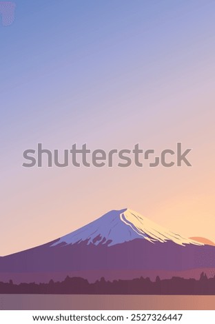 Panoramic evening view of mount Fuji. Landscape with a mountain peak in Japan. Famous landmark Wallpaper. Banner design with a natural landscape. Greeting card template. Sky, sun, water surface.
