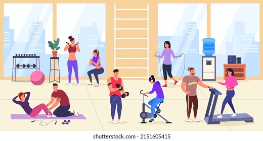 Panoramic fitness gym. Weight training group adult people in sport interior, dumbbell exercise physical wellbeing workout, cardio worlout, cartoon vector illustration of training fitness and workout