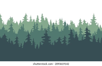 Panoramic forest background landscape. Evergreen coniferous trees. Pine, spruce green tree. Silhouette vector illustration.