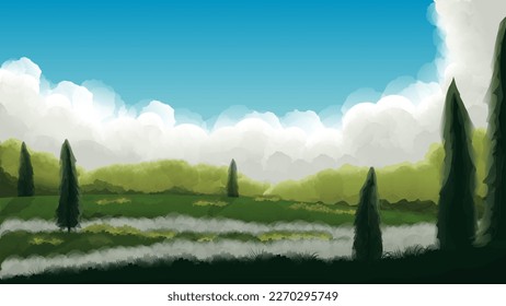 Panoramic forest landscape. Cumulus clouds on the horizon, deciduous grove, coniferous trees, fog creeps along the forest glade, wild nature. Watercolor technique, hand drawing. Vector illustration.