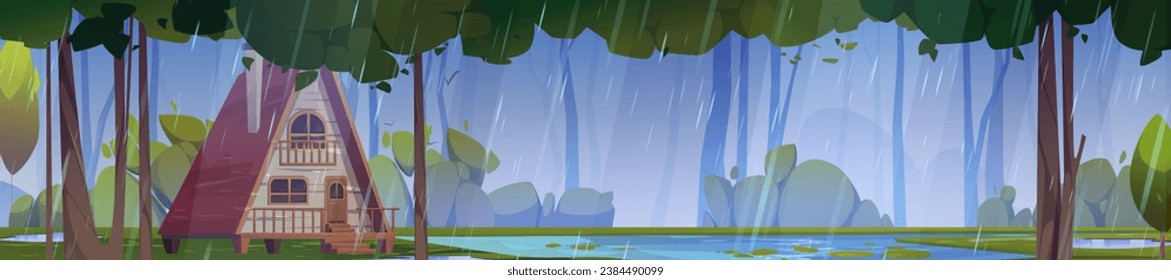 Panoramic forest landscape with wooden hut on shore of lake in middle of trees and bushes in rain. Cartoon vector illustration of cottage on tilts made of wood in rainy weather by pond side.