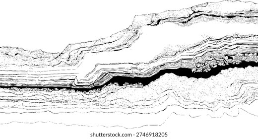 Panoramic geological stratigraphy sketch in black and white, sedimentary rock cross-section with subtle ink textures