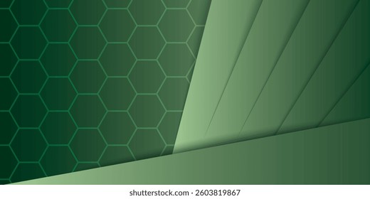 Panoramic geometric and hexagon shapes on abstract green background