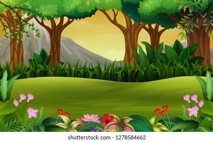 Panoramic green forest landscape with mountain background