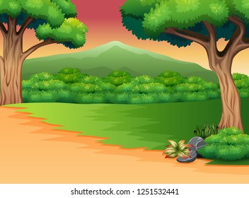 Panoramic green forest landscape with silhouette mountain