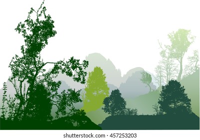 Panoramic green forest landscape with silhouettes of trees and mountains. Wild forest landscape with green and dark green trees and plants 