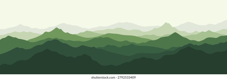 Panoramic green mountain range landscape with misty hills layer background. Minimalist nature vector illustration.
